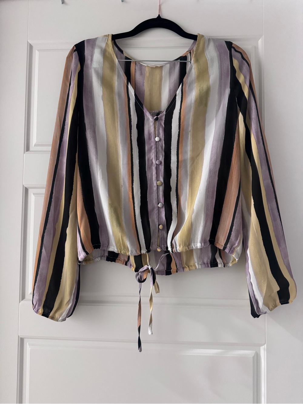Watercolor Striped Button Front Tie Hem Blouse Balloon Sleeve